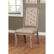Fabric Upholstered Wooden Side Chair with Button Tufted Back, Pack Of 2, Beige and Brown