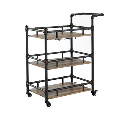Rustic Three Tier Wood and Metal Serving Cart, Black and Brown