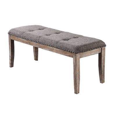 Rectangular Shaped Solid Wood and Fabric Upholstered Bench with Nail head Trims , Brown and Gray
