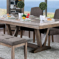 Transitional Style Solid Wood Dining Table with Marble Top, Brown and Gray