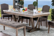 Transitional Style Solid Wood Dining Table with Marble Top, Brown and Gray