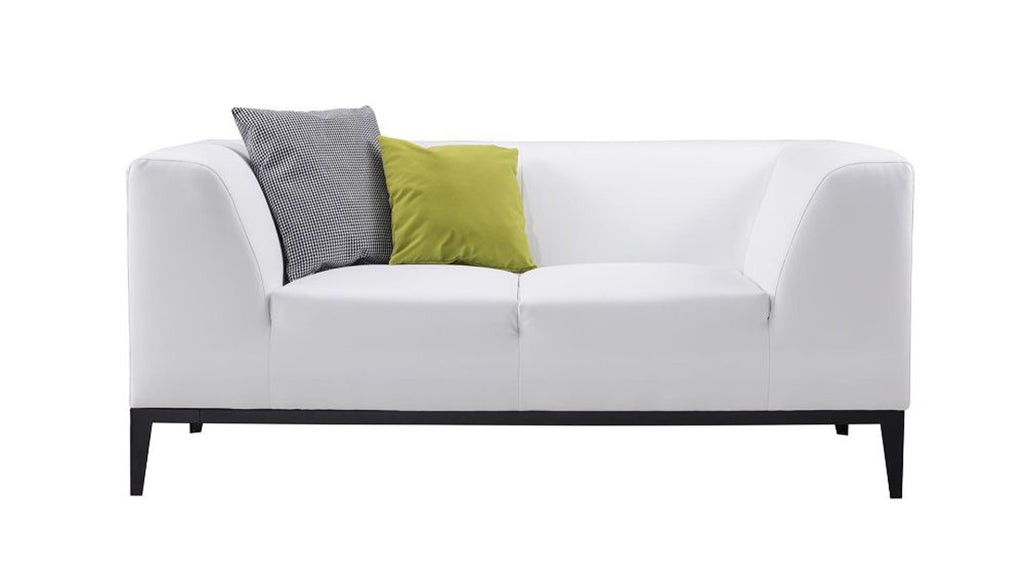 Faux Leather Upholstered Wooden Loveseat with Elevated Armrest, White and Black