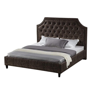 Leatherette Upholstered Wooden California King Sized Bed with Tufted scalloped Headboard, Brown