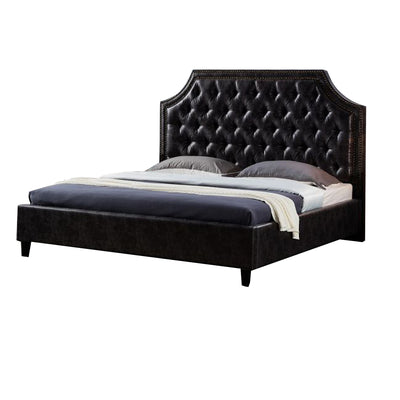 Leatherette Upholstered Wooden California King Sized Bed with Nail head Trim, Dark Gray