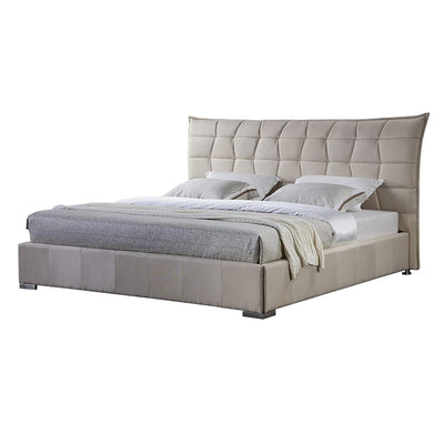 Fabric Upholstered Wooden Eastern King Sized Bed with Grid Patterned Tufted Headboard, Cream