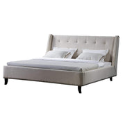 Fabric Upholstered Wooden Eastern King Sized Bed with Tufted Headboard and Nail Head Trim, Cream