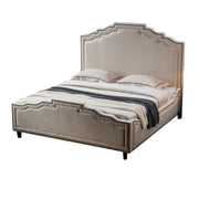 Fabric Upholstered Wooden California King Sized Bed with Designer Headboard, Cream
