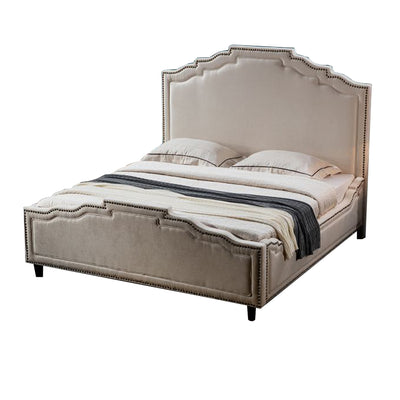 Fabric Upholstered Wooden Eastern King Sized Bed with Designer Headboard, Cream