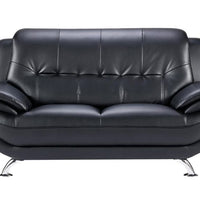 Leatherette Upholstered Wooden Loveseat with Bustle Back and Stainless Steel Legs, Black