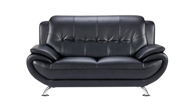 Leatherette Upholstered Wooden Loveseat with Bustle Back and Stainless Steel Legs, Black