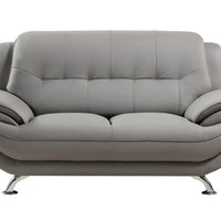 Leatherette Upholstered Wooden Loveseat with Bustle Back and Stainless Steel Legs, Gray