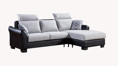 Two Tone Fabric Upholstered Wooden Sectional with Reversible Backrest, Gray and Black, Set of Two