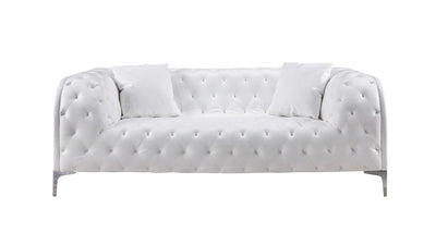 Leatherette Upholstered Tufted Loveseat with Accent Pillows and Steel Feet, White