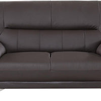 Leather Upholstered Wooden Loveseat with Bustle Cushion Back and  Pillow Top Armrest, Dark Brown