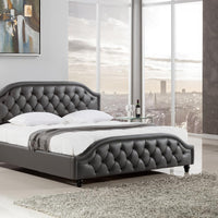 Wooden California King Size Bed with Button Tufted Leatherette Headboard, Dark Gray