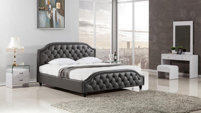 Wooden California King Size Bed with Button Tufted Leatherette Headboard, Dark Gray
