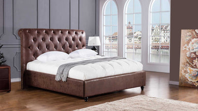 Leatherette Upholstered Wooden California King Size Bed with Button Tufted Headboard, Brown