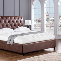 Leatherette Upholstered Wooden Queen Size Bed with Button Tufted Headboard, Brown