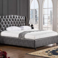 Leatherette Upholstered Wooden California King Size Bed with Tufted Winged Headboard, Dark Gray