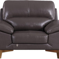 Leatherette Upholstered Chair with Pillow Top Armrests and Wooden Legs, Brown