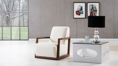 Wooden Framed Accent Chair with Leatherette Seat and Back, White and Brown