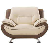 Two Toned Leather Upholstered Wooden Chair with Pillow Top Armrests, Cream and Brown