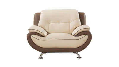 Two Toned Leather Upholstered Wooden Chair with Pillow Top Armrests, Cream and Brown