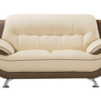 Two Toned Leather Upholstered Wooden Loveseat with Pillow Top Armrests, Cream and Brown