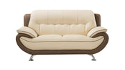 Two Toned Leather Upholstered Wooden Loveseat with Pillow Top Armrests, Cream and Brown