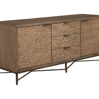 Wooden TV Console With Two Door Cabinets and Three Drawers, Brown and Bronze
