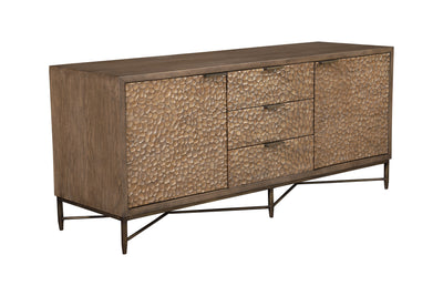 Wooden TV Console With Two Door Cabinets and Three Drawers, Brown and Bronze