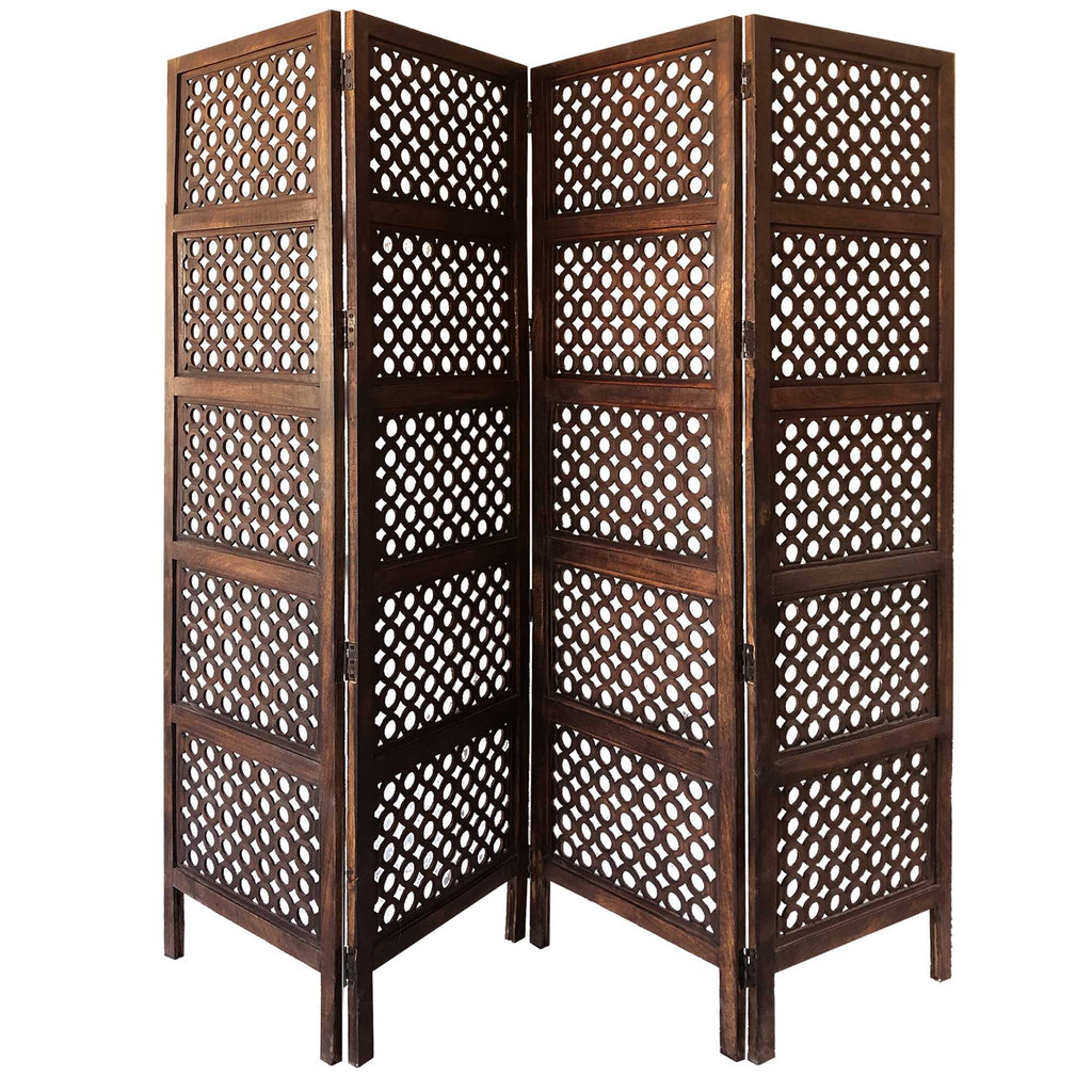 Four Panel Mango Wood Hinged Room Divider with Circular Cutout Design, Brown