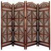 Four Panel Wooden Room Divider with Hand Carved Details, Antique Brown