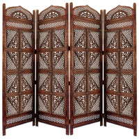 Four Panel Wooden Room Divider with Hand Carved Details, Antique Brown