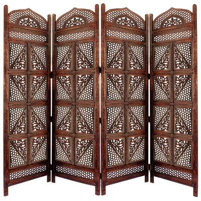 Four Panel Wooden Room Divider with Hand Carved Details, Antique Brown