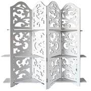 Hand Carved Four Panel Wooden Room Divider with Shelving Unit, White