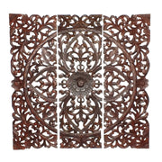 Three Piece Wooden Wall Panel Set with Traditional Scrollwork, Brown