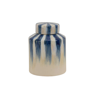 Small Size Ceramic Lidded Jar with Stripe Design, White and Blue