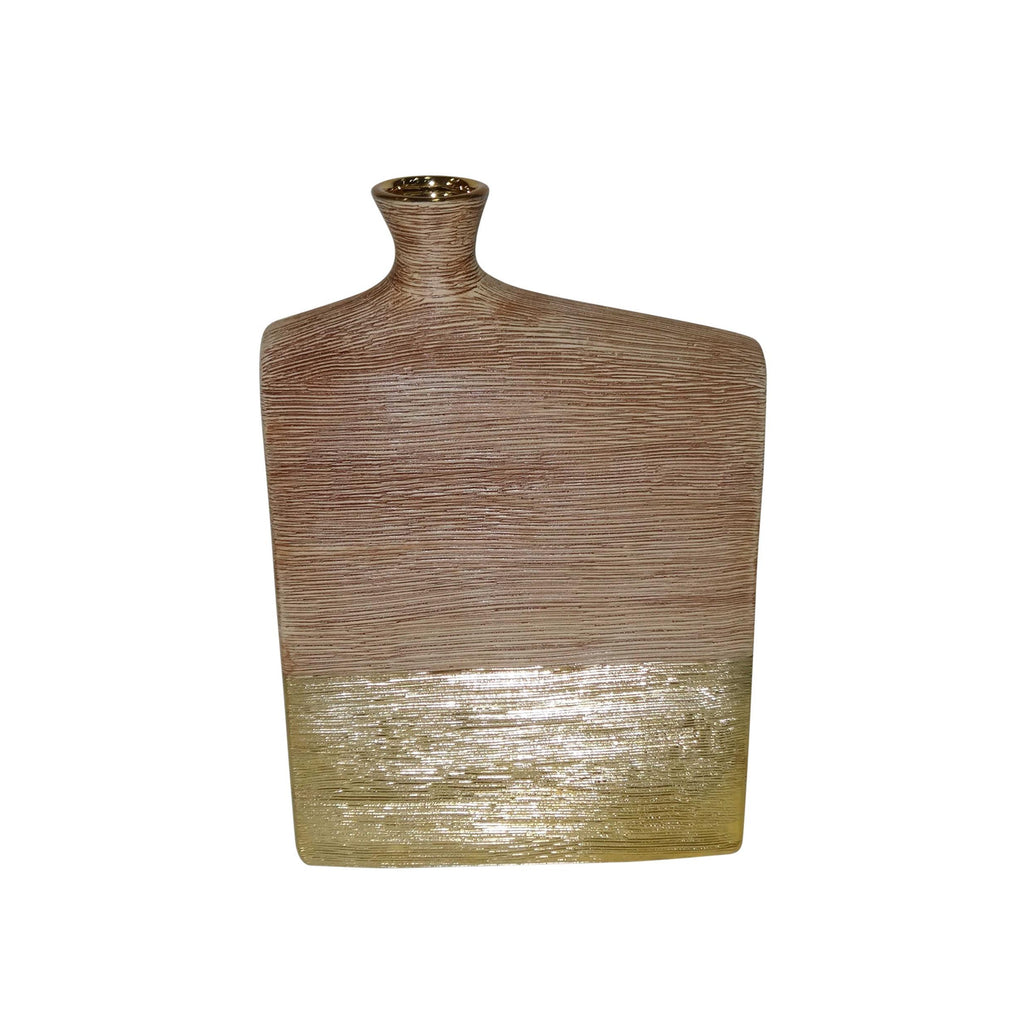 Textured Wide Ceramic Vase with Narrow Opening , Brown and Gold