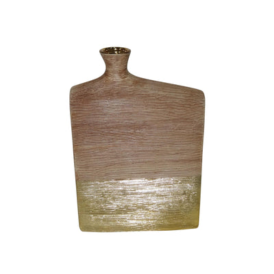 Textured Wide Ceramic Vase with Narrow Opening , Brown and Gold