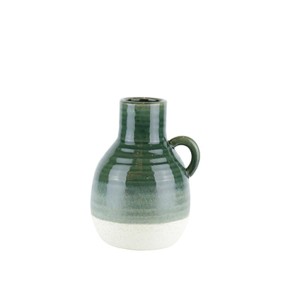 Ribbed Patterned Ceramic Vase with Handle, Large, Green and White