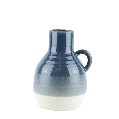 Bellied Jug Shape Ceramic Vase with Ribbed Pattern, Large, Blue and White