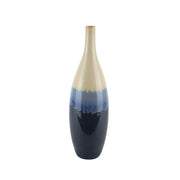 Ceramic Vase with Drip Glaze Design and Elongated Neck, Beige and Blue