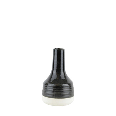 Ribbed Patterned Ceramic Vase with Elongated Neck, Small, Black and White