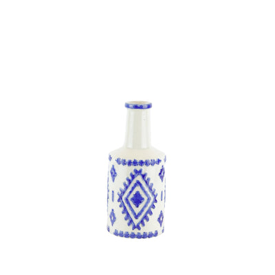 Decorative Ceramic Bottle Vase with Tribal Pattern, White and Blue