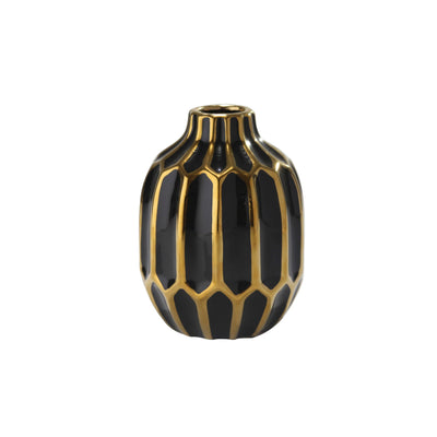 Embossed Ceramic Round Vase with Small Mouth Open, Black and Gold