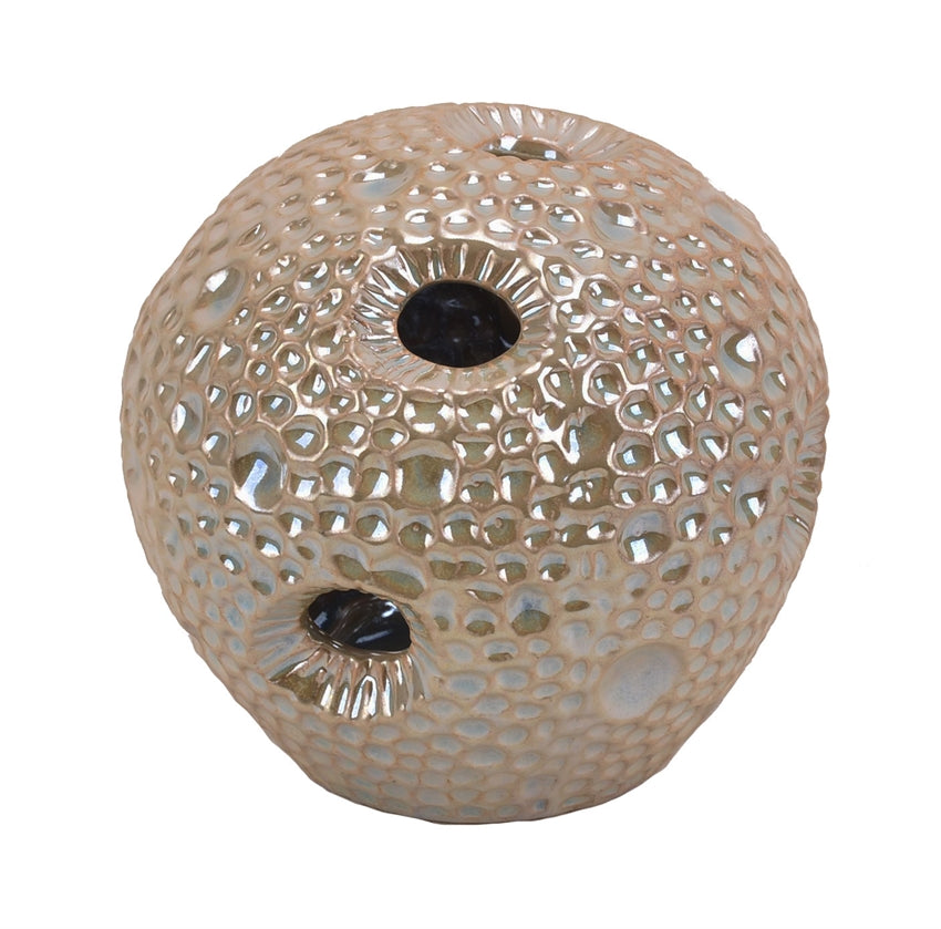 Dimpled Pattern Decorative Ceramic Sea Urchin Orb, Glossy Beige