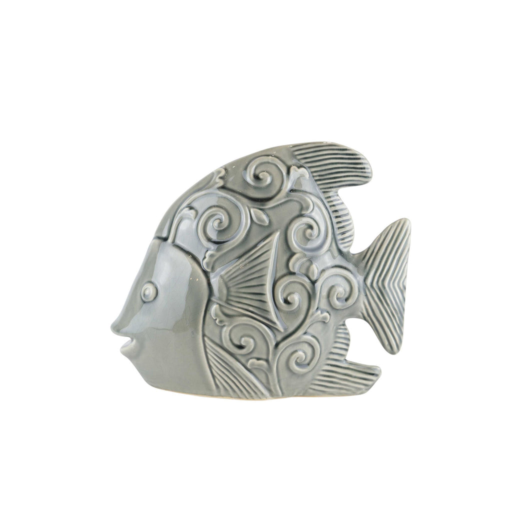 Ceramic Decorative Fish Figurine with Swirl Motifs, Gray