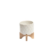 Diamond Patterned Ceramic Flower Pot with Wooden Stand, Small, White and Brown