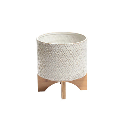 Diamond Patterned Ceramic Flower Pot with Wooden Stand, Large, White and Brown